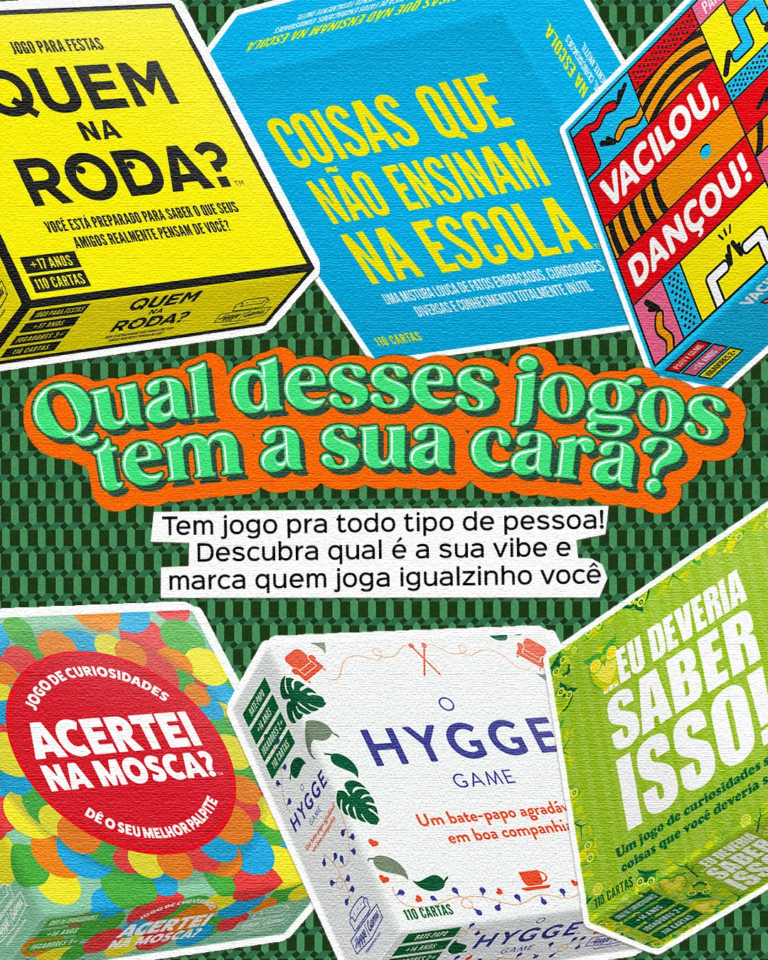 Criativo de feed da BAM para Hygge Games — Qual Jogo Tem a Sua Cara
